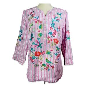 John Mark Pink Striped Blouse w/Floral Embroidery Size Petite Medium